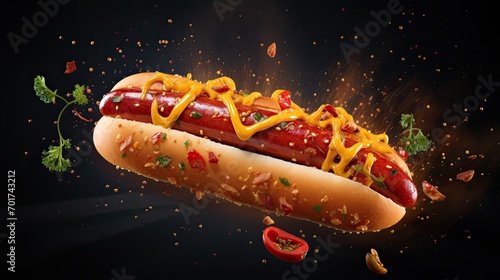 Hot dog with flying ingredients and spices hot ready to serve and eat. Food commercial advertisement. Menu banner with copy space area photo