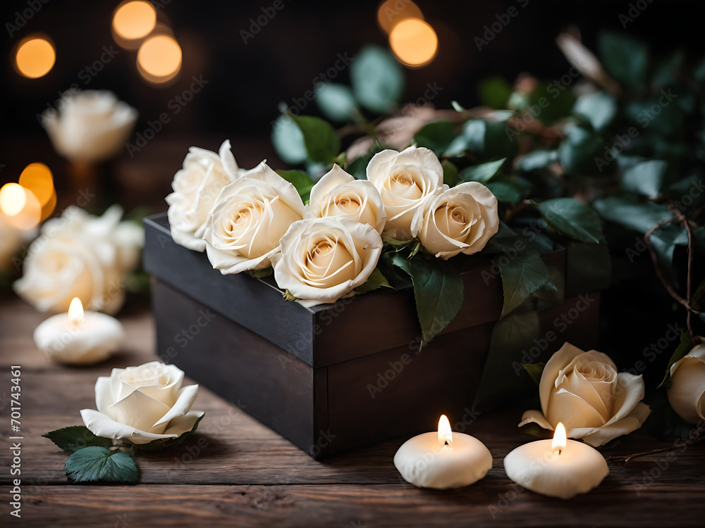 Obraz premium Gift box with white roses on a dark wooden background. 