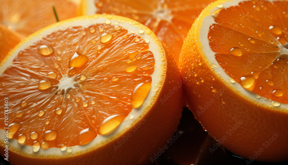 Recreation of oranges cut with drops water Recreation of oranges cut with drops water