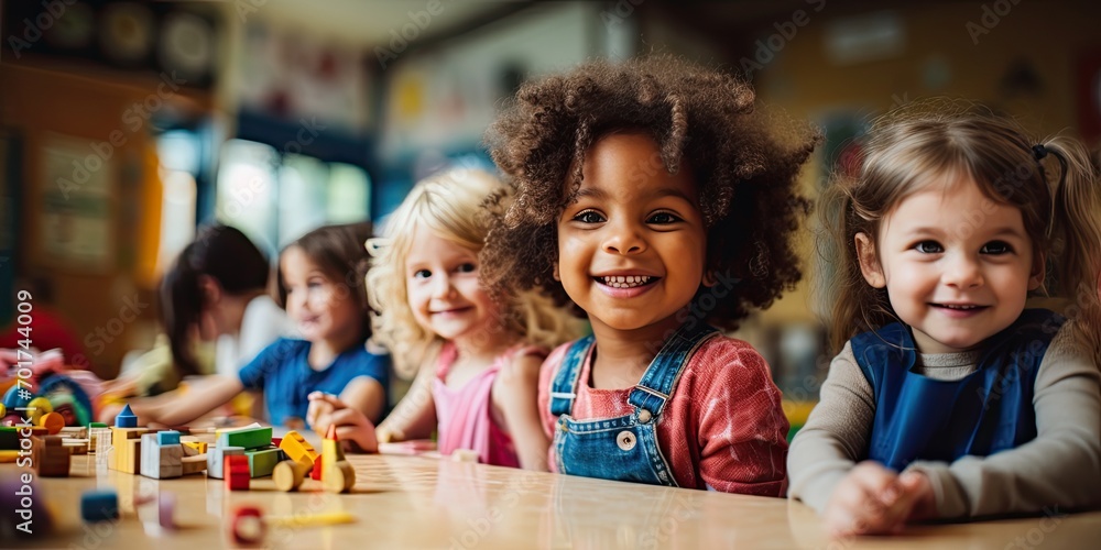 Adorable children in a diverse kindergarten class, learning and playing with colorful blocks. - obrazy, fototapety, plakaty 