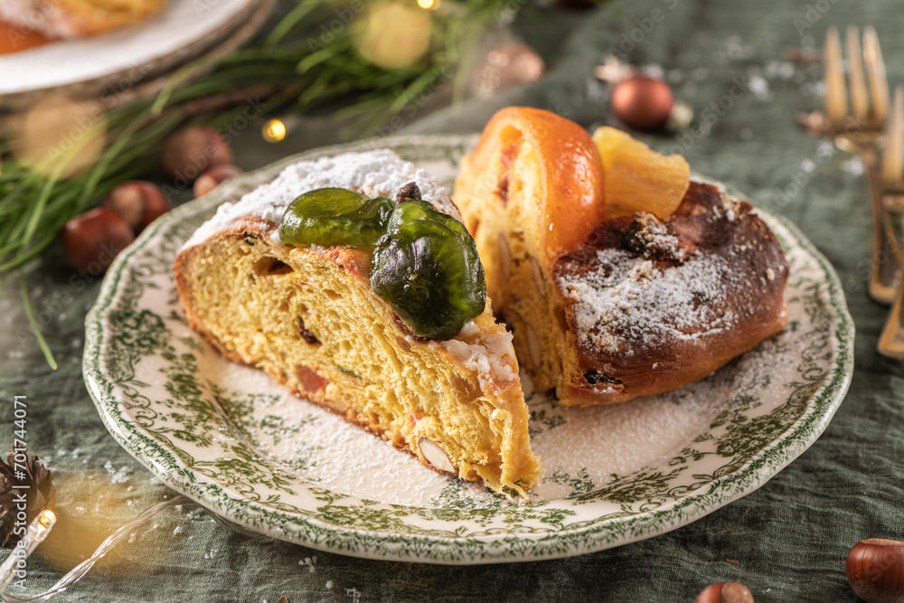 Slices of Bolo Rei or Kings Cake. Is a traditional Xmas cake made for Christmas, Carnavale or Mardi Gras Slices of Bolo Rei or Kings Cake. Is a traditional Xmas cake made for Christmas, Carnavale or Mardi Gras