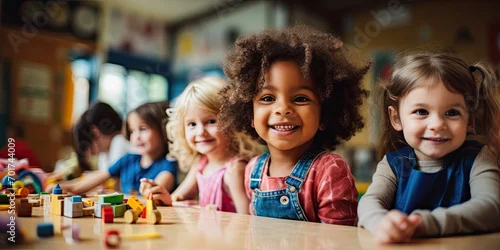 Obraz Adorable children in a diverse kindergarten class, learning and playing with colorful blocks.