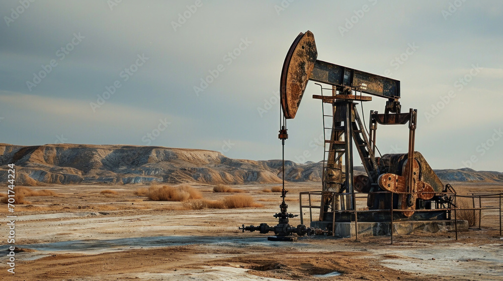 Very old Rusty Unused Oil Pump in a rough Landscape early in the Morning Wallpaper Background Backdrop Poster Card