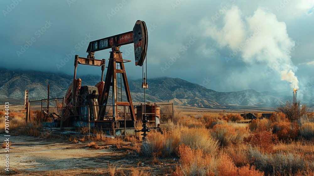 Fototapeta premium Very old Rusty Unused Oil Pump in a rough Landscape early in the Morning Wallpaper Background Backdrop Poster Card