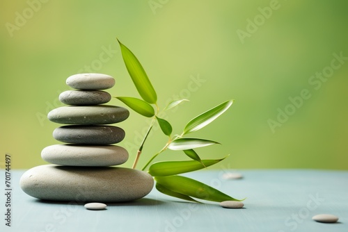 perfectly balanced stacked stones set against a light green background
