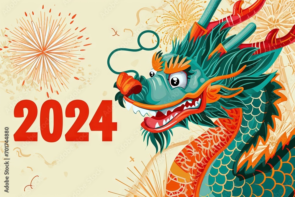 a cute dragon celebrating the year of the dragon 2024, smiling, chinese fireworks background