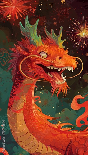 a cute dragon celebrating the year of the dragon 2024, smiling, chinese fireworks background, smartphone wallpaper