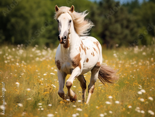 A majestic horse gracefully running across a beautiful meadow, captured in vibrant detail.