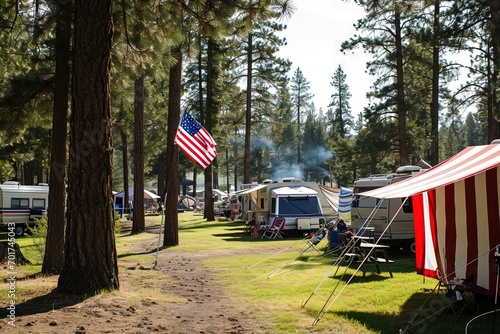 Rows of patriotic tents in a camping of pine trees and red, white & blue stripes