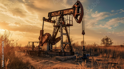 Very old Rusty Unused Oil Pump in a rough Landscape early in the Morning Wallpaper Background Backdrop Poster Card