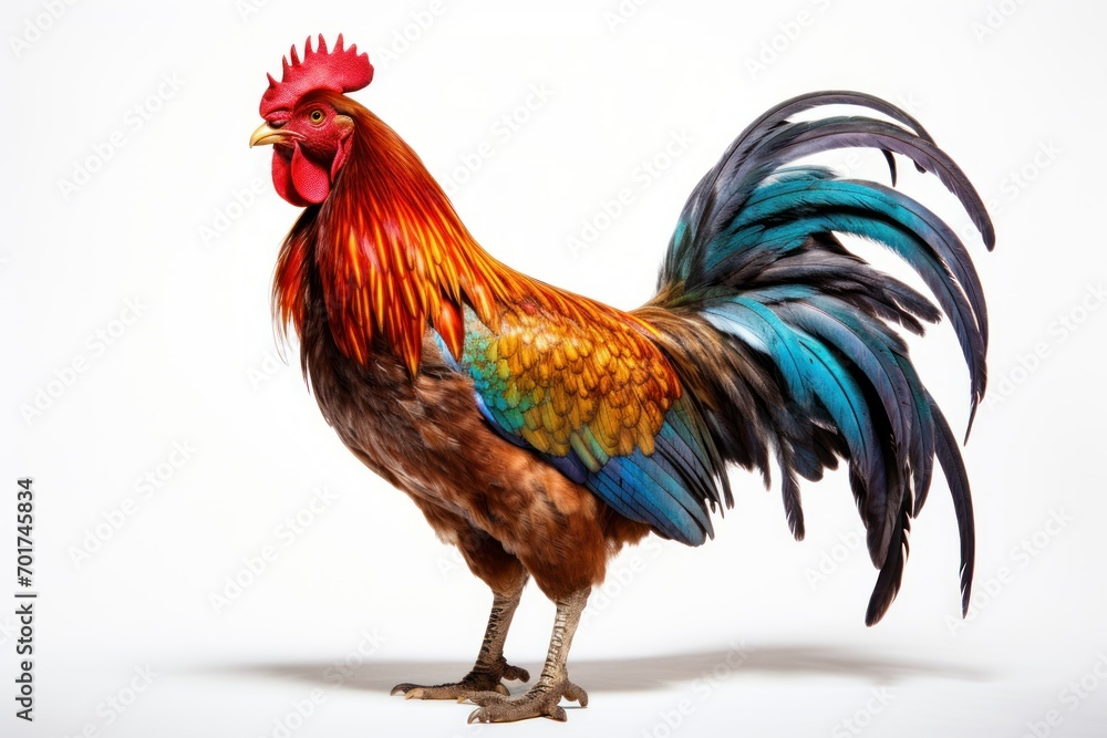 Majestic colorful rooster showcasing vibrant feathers, posed standing.