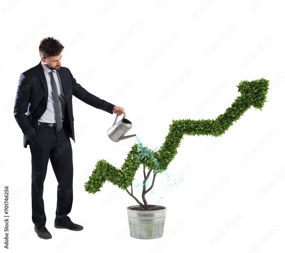 Businessman watering a plant that grows like an arrow. Concept of growing of company economy. Businessman watering a plant that grows like an arrow. Concept of growing of company economy.