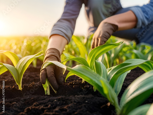 A farmer is tending the corn plants in the field, the sun is shining brightly on a beautiful evening.