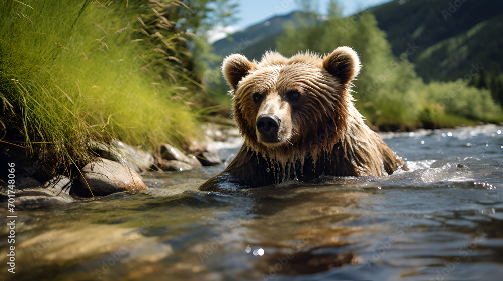 Brown bear closeup catching fish in a river lake