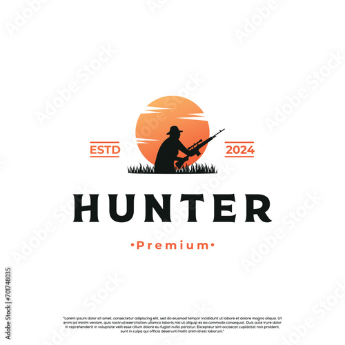 Hunter logo design on isolated background, man with gun logo silhouette
