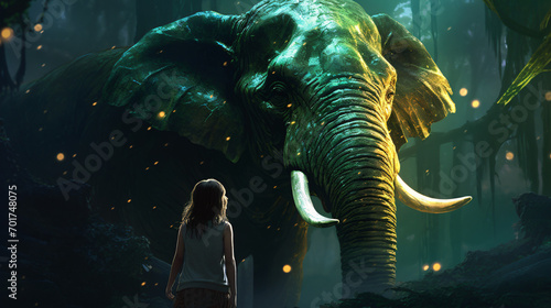 Young woman facing the giant elephant