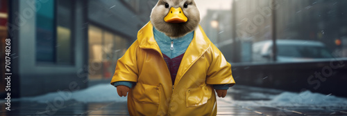 Duck in outdoor clothing, yellow raincoat outdoors in the rain. photo