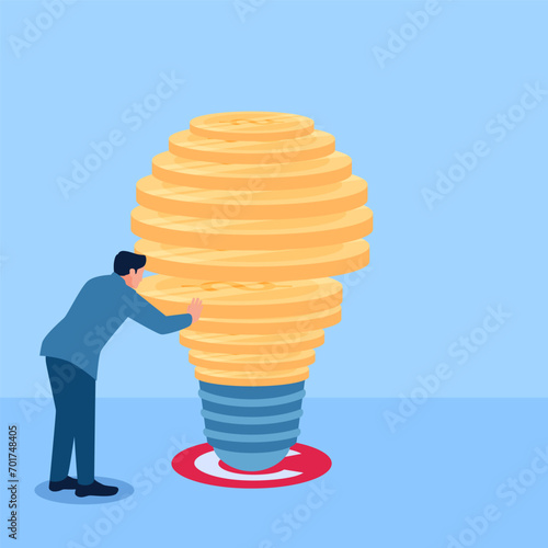 people insert coins into idea lamps, a metaphor for intellectual property rights. Simple flat conceptual illustration.