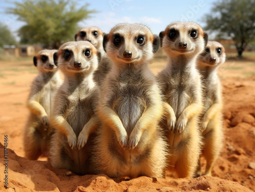Mischievous meerkats standing together, observing their surroundings with curiosity and playful mischief.