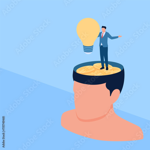 person holding idea lamp in big head and stack of money, a metaphor for intellectual property rights. Simple flat conceptual illustration.