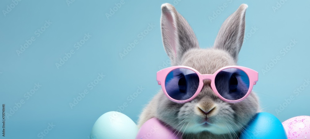 Funny easter concept holiday animal celebration greeting card - Cool cute little easter bunny, rabbit with sunglasses with many colorful painted esater eggs, isolated on blue background