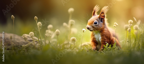 Red squirrel eating with green background in autumn portrait of squirrel yellow park with fallen leaves.