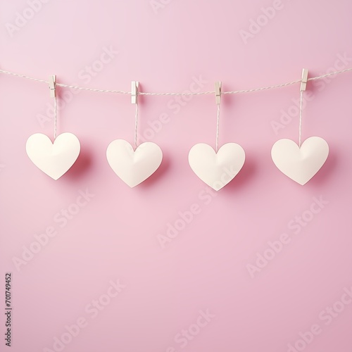 White paper hearts hanging on a string, against a light pink background, delicate and romantic for Valentine's Day