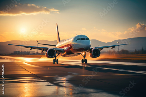 Passenger plane on the runway at sunset or dawn. The concept of passenger transportation or tourism