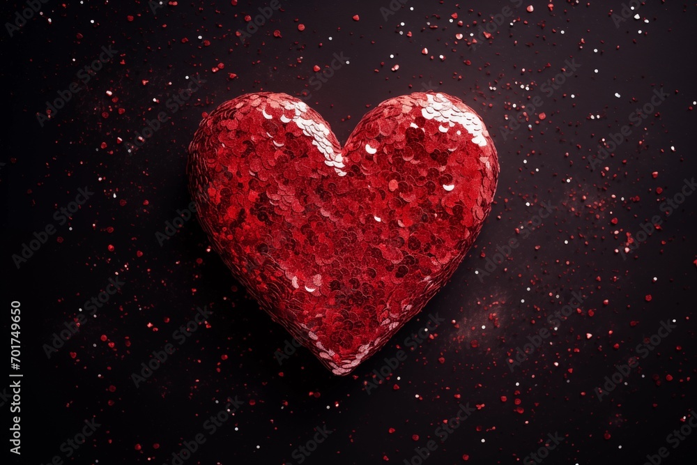 Shiny red sequins forming a heart shape on a dark background, glamorous and festive for Valentine's Day Shiny red sequins forming a heart shape on a dark background, glamorous and festive for Valentine's Day