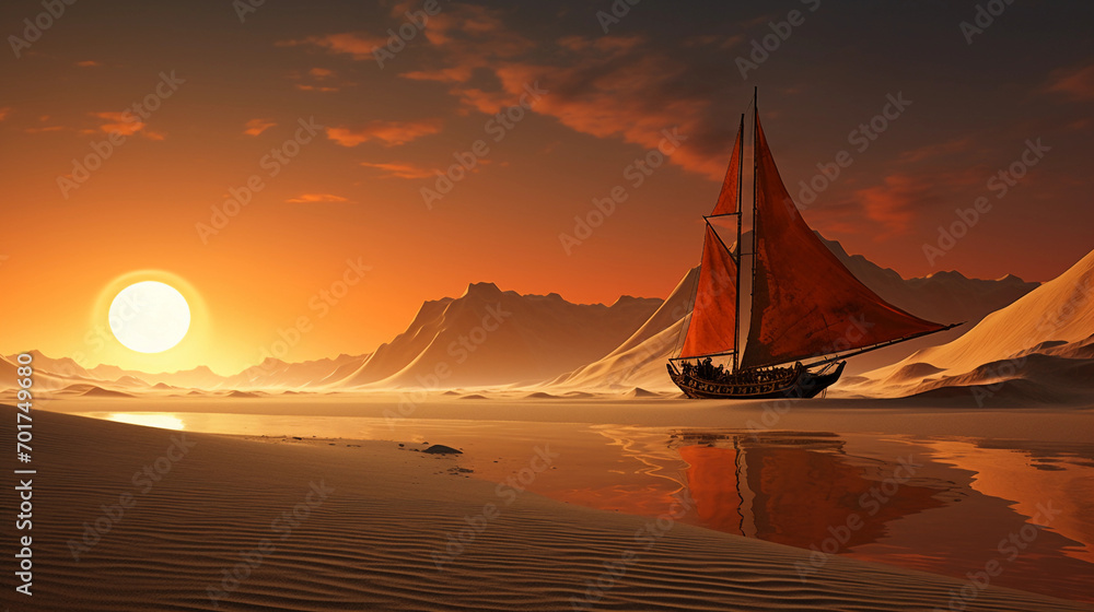 A Fantastical Sailboat Crossing the Desert 