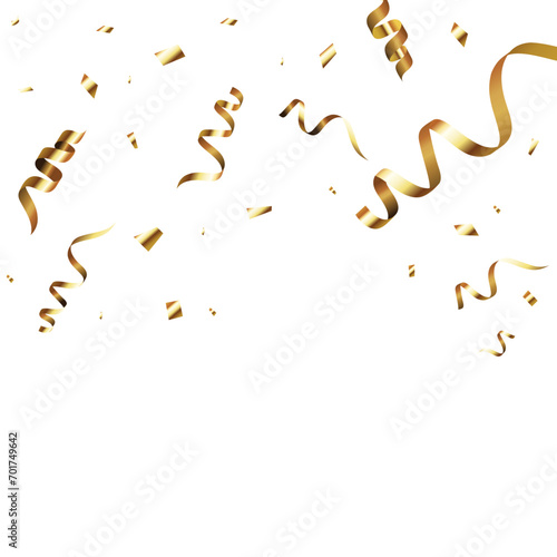 Gold confetti serpentine ribbons, confetti vector banner background, clipart, isolated on white background for birthday banner, new year, party, Christmas, holiday, anniversary, graduation celebration