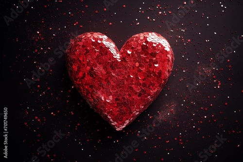 Shiny red sequins forming a heart shape on a dark background  glamorous and festive for Valentine s Day