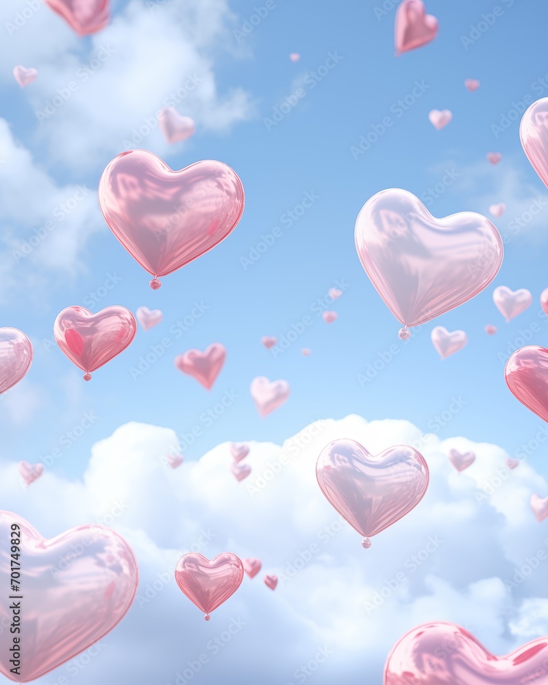 Pastel pink hearts floating on a soft blue sky background, dreamy and serene, Valentine's Day concept