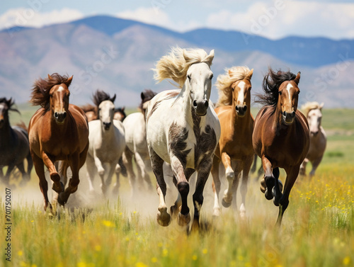 A majestic herd of wild horses embracing freedom as they gallop together in an open field.