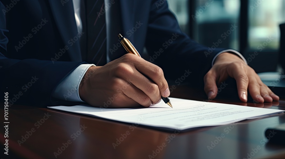 Closeup a male businessman with a suit signing a document with his pen by writing down his signature. Closeup a male businessman with a suit signing a document with his pen by writing down his signature.