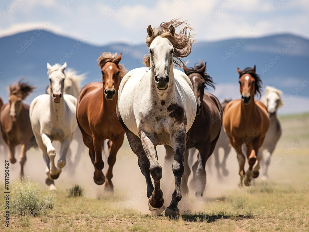 Frenzied herd of untamed horses running freely across an expansive and vibrant landscape.