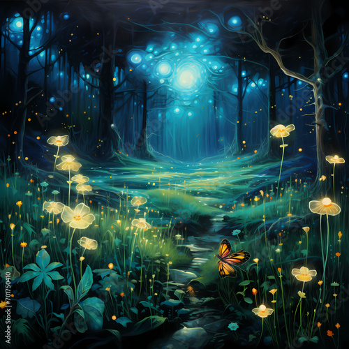 Bioluminescent fireflies in a magical meadow.