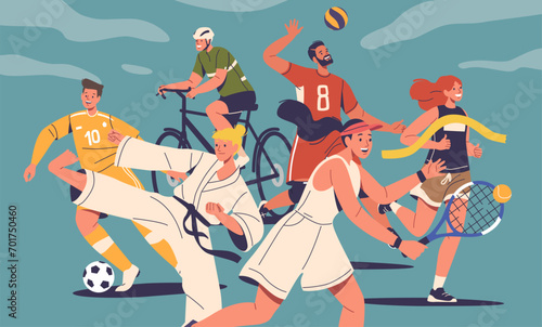 Athletes Of Summer Sports. Male and Female Characters Soccer or Basketball Player, Runner, Karate, Tennis and Bicyclist
