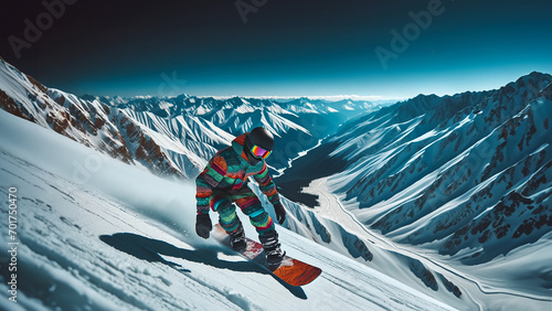 Snowboarder Descending a Mountain Slope