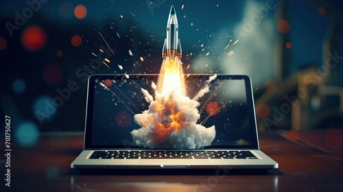 Rocket coming out of laptop screen. Innovation and creativity concept. photo