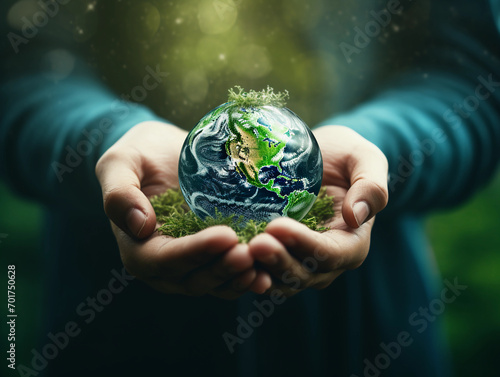 close up Human hands holding small green earth Globe.Eco concept, earth day 