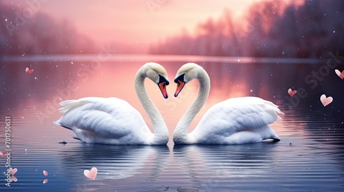Two beautiful swans on a lake shape heart with their long necks and kiss each other.