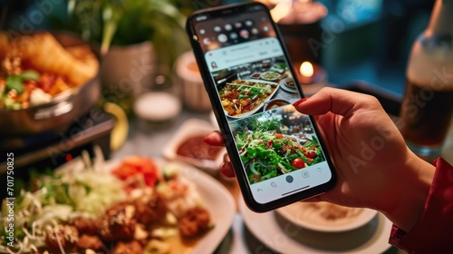 Woman taking photo of salad with smartphone at restaurant. Food blogger concept photo