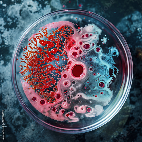 Macro photo of colorful wild growing bacteria colonies and molds in a round petri dish forming all kinds of beautiful colorful patterns and shapes.