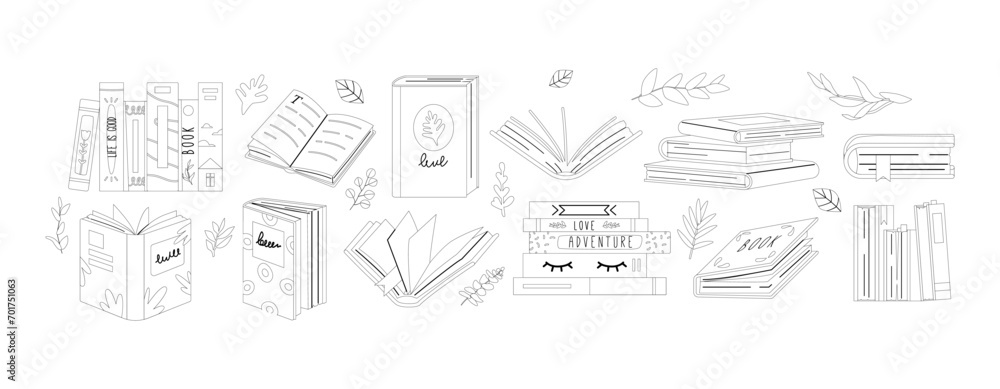 Outline Vector Icon Set Featuring Diverse Book Symbols. Clean And Minimal Design Representing Various Book Genres