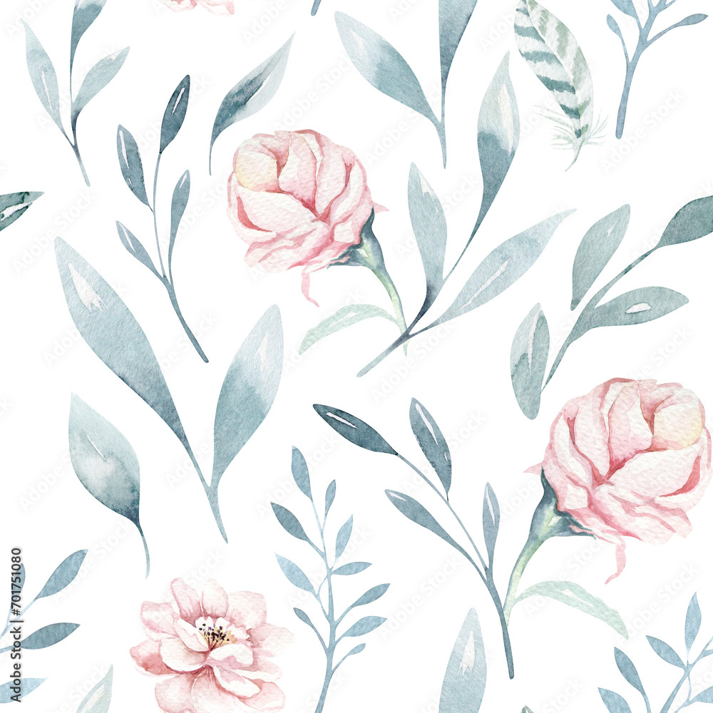 Floral seamless pattern with blossom flowers and green branches, watercolor illustration on white background, print for textile or wallpapers in provence style Floral seamless pattern with blossom flowers and green branches, watercolor illustration on white background, print for textile or wallpapers in provence style