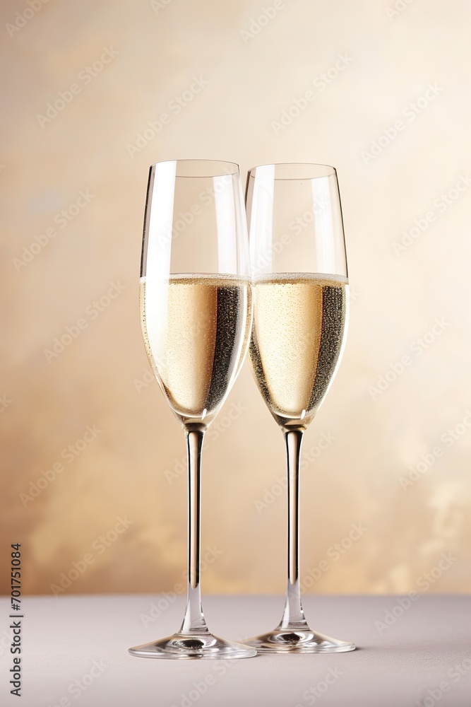 two champagne glasses against a clean beige background.