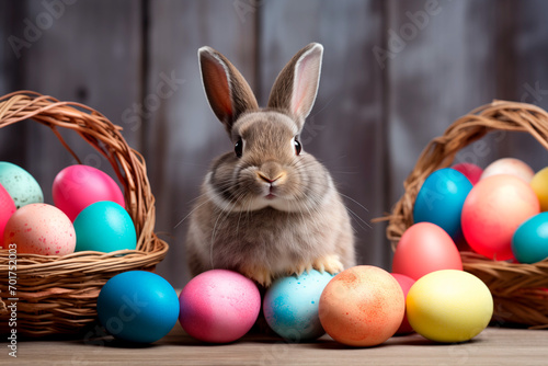 Little Bunny In Basket With Decorated Eggs. Easter Holyday Concept. Easter bunny and easter eggs, generated AI © Yuliya