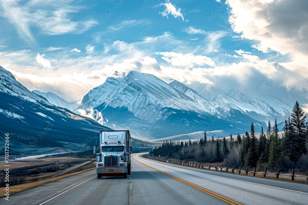 delivery truck driving down a highway, with a scenic mountain range in the background.
