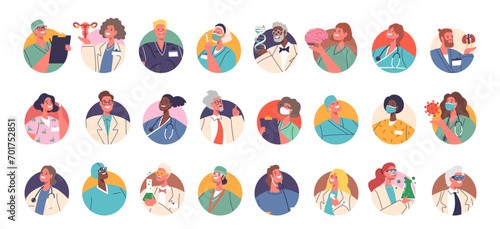 Diverse Set Of Medics And Doctors Cartoon Vector Character Avatars Featuring A Range Of Healthcare Professionals